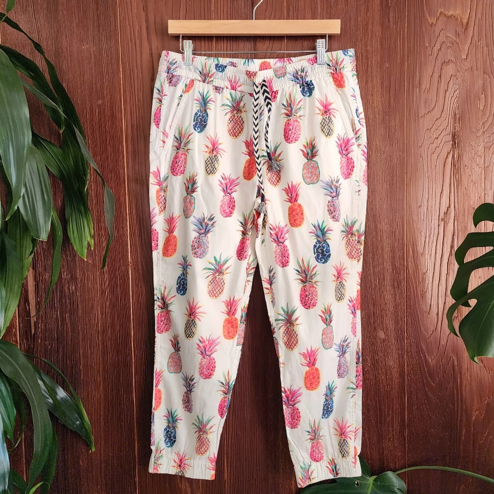 J.Crew Seaside Painted Pineapples Pull On Ivory Cotton Joggers Size 8